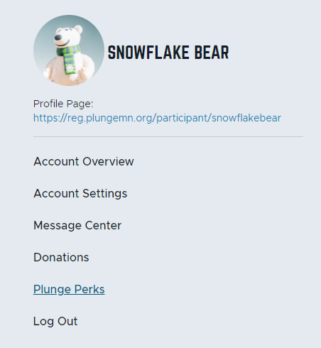 Screenshot of the side menu on Snowflake Bear's main account page with the Plunge Perks item underlined