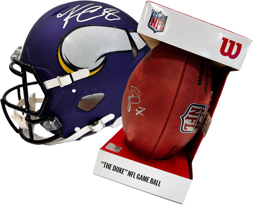Photo of a Vikings football and a Vikings helmet, both signed by Kirk Cousins in silver ink