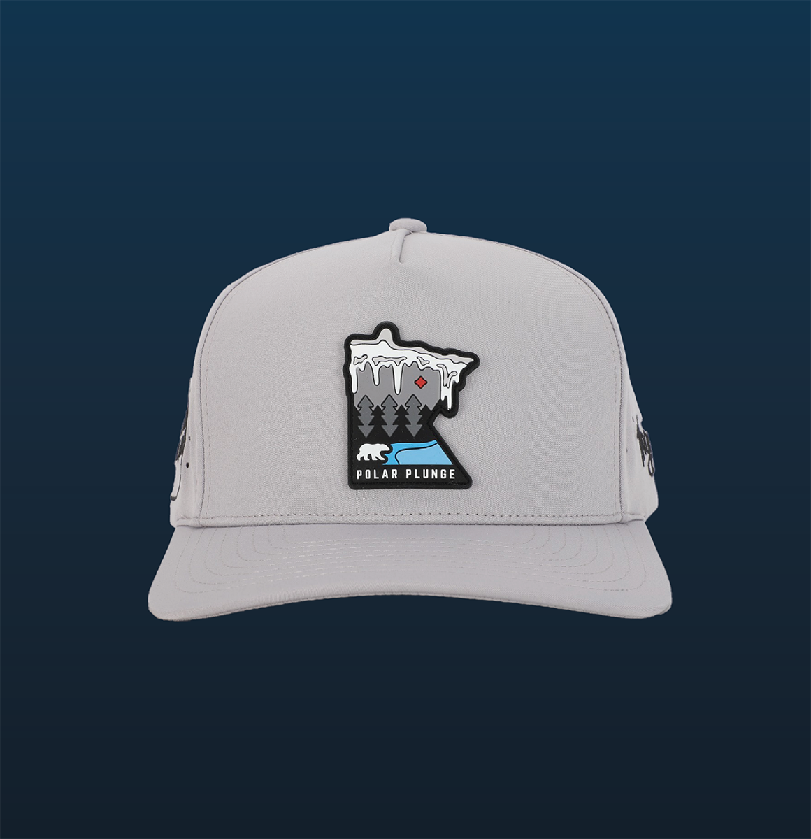 Grey snapback hat with an image of Minnesota and the words Polar Plunge on it